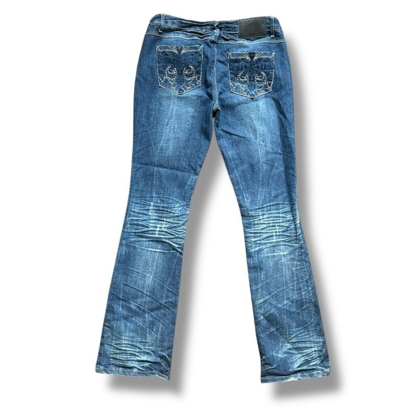 Y2K Almost Famous Distressed Low Rise Blue Denim Bootcut Jeans Juniors Size 9 - Picture 2 of 16